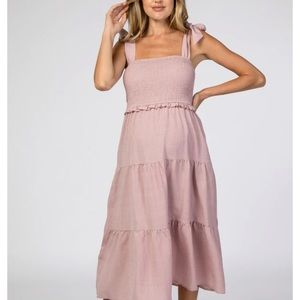 PINKBLUSH Maternity Mauve Bow Strap Tiered Maternity Midi Dress